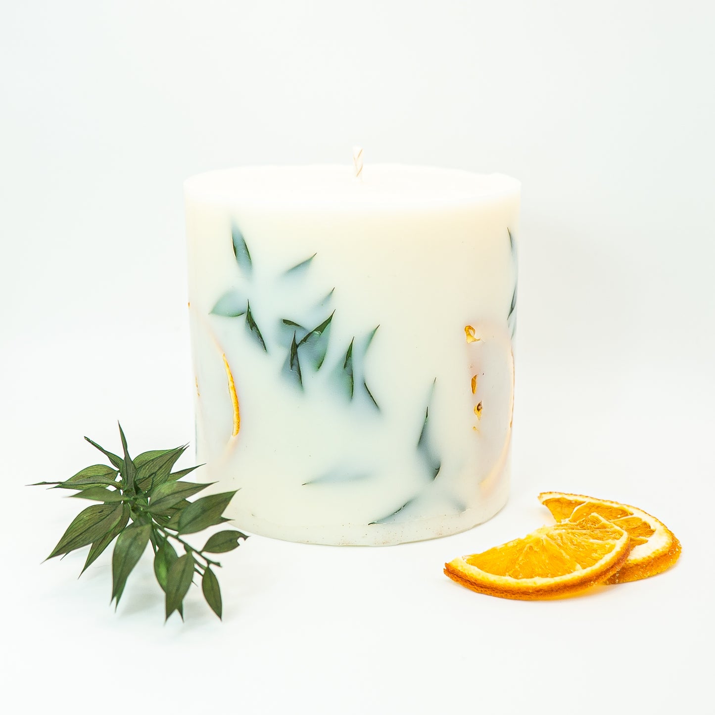 Botanical Soy Wax Pillar Candle – Orange & Greenery