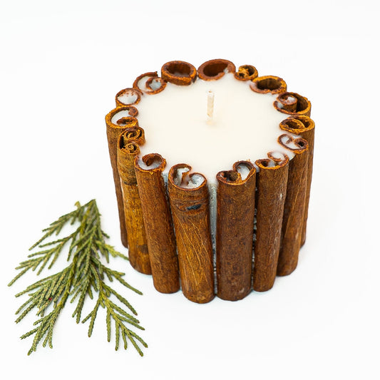 Handmade botanical soy wax candle decorated with natural cinnamon sticks around the exterior.