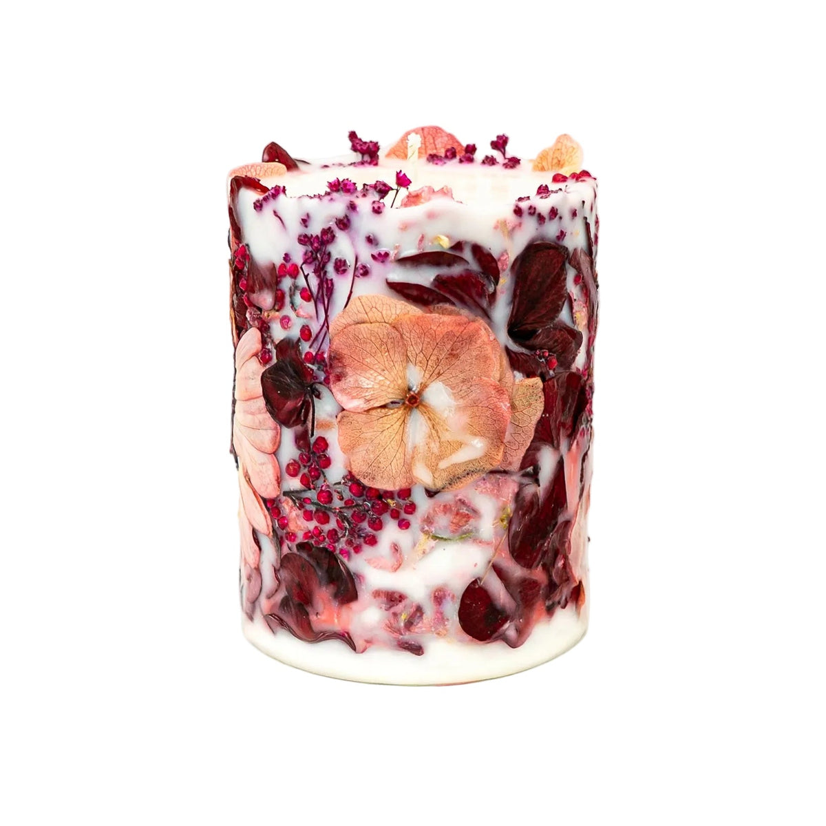 Luxury handmade botanical soy wax pillar candle featuring a real dried Gerbera, hydrangea and natural botanicals.
