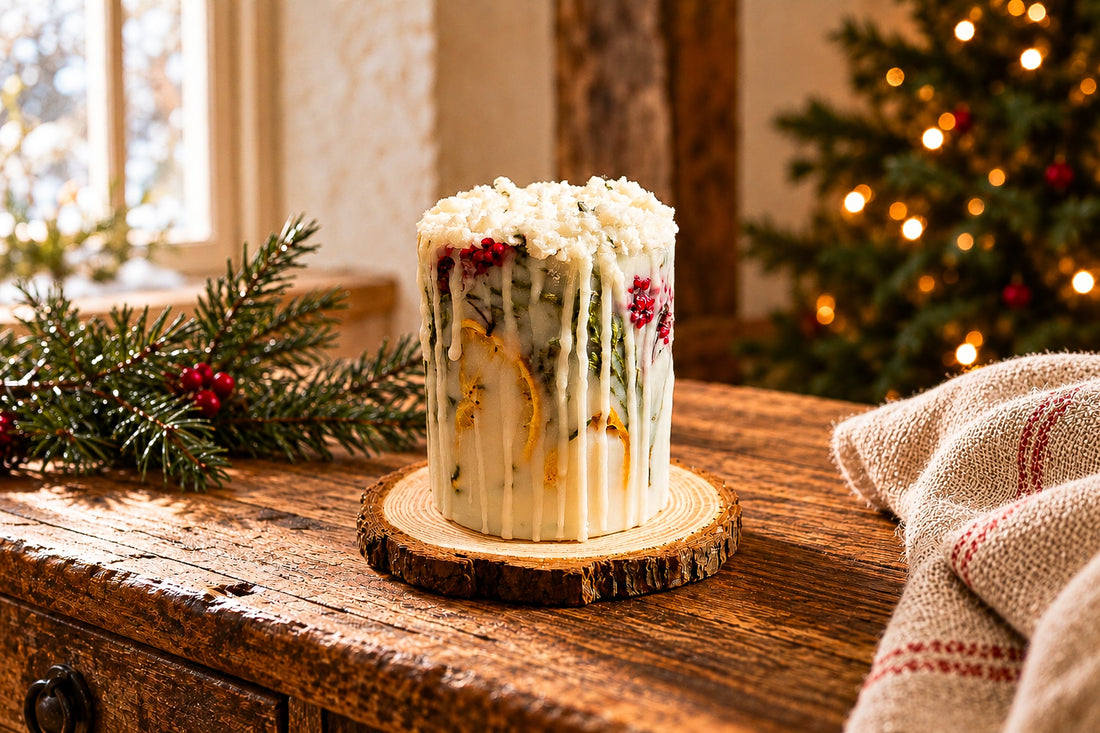 Christmas botanical pillar candle with dried orange, thuja and red flowers, displayed on a wooden table beside softly glowing Christmas tree lights.