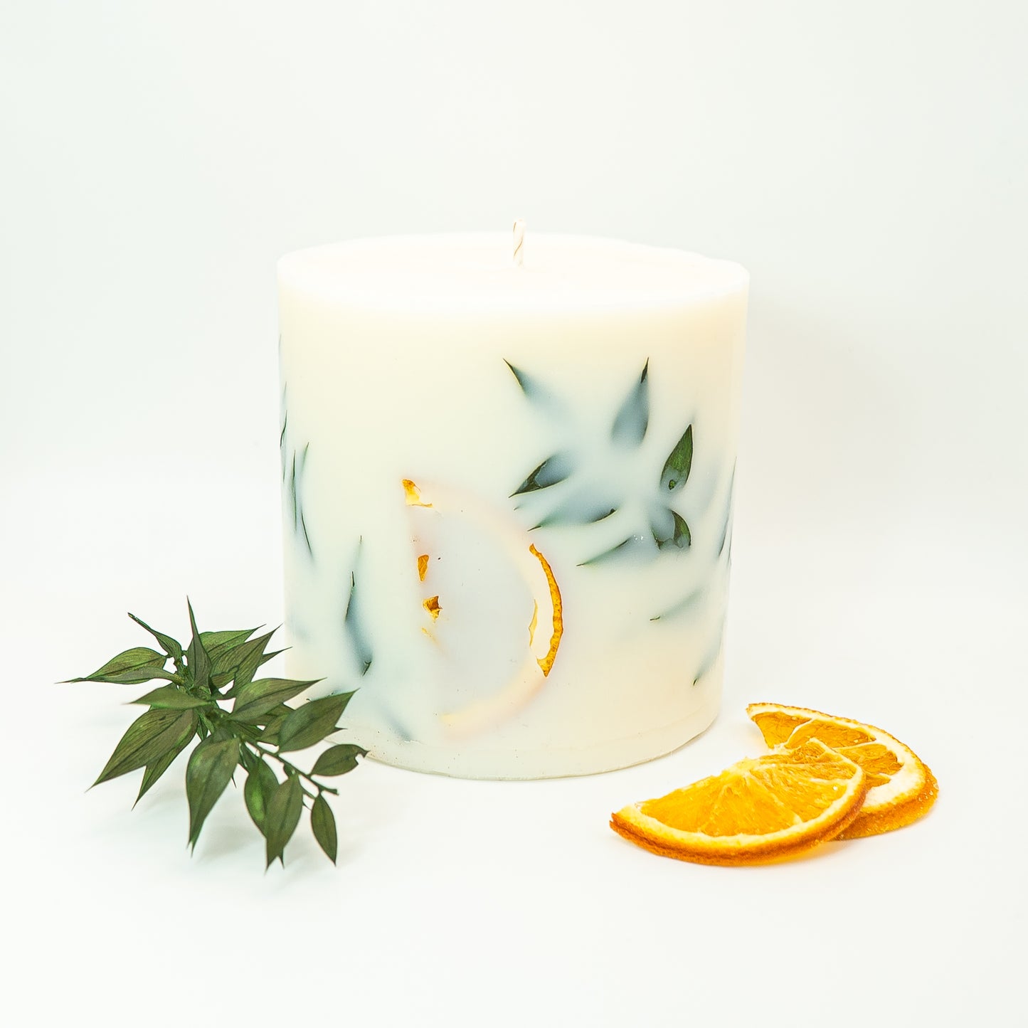 Botanical Soy Wax Pillar Candle – Orange & Greenery