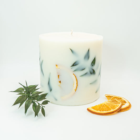 Botanical Soy Wax Pillar Candle – Orange & Greenery