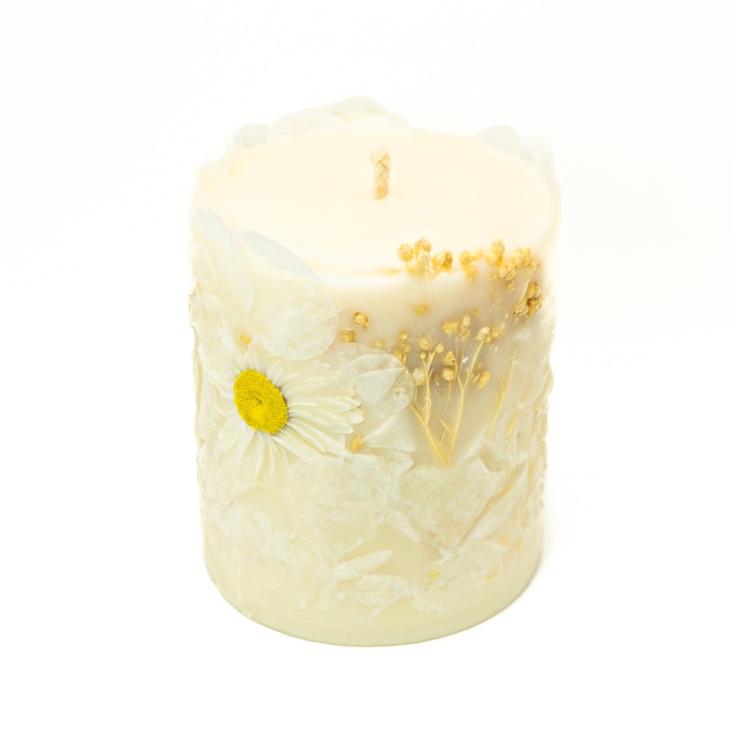 Decorative botanical soy candle with dried Acroclinium flowers and natural botanical elements.