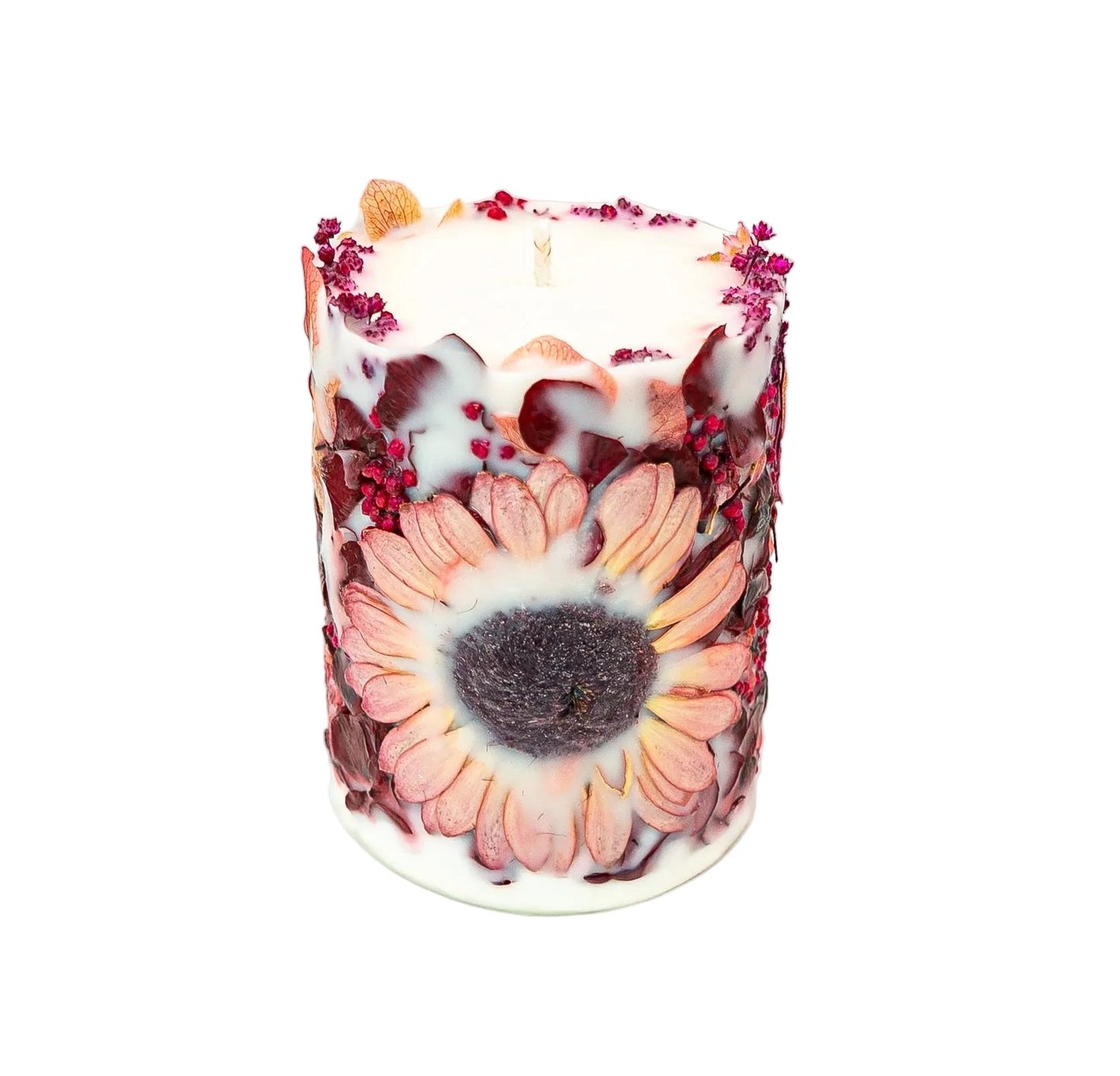 Handmade autumn botanical soy wax candle featuring a dried Gerbera, hydrangea and natural burgundy botanicals.