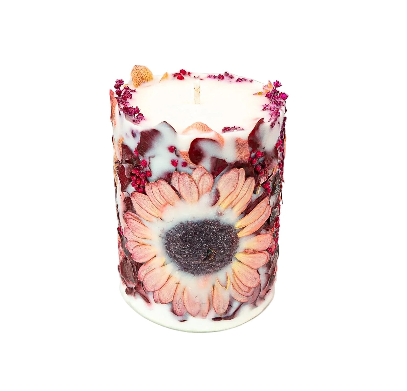 Handmade autumn botanical soy wax candle featuring a dried Gerbera, hydrangea and natural burgundy botanicals.