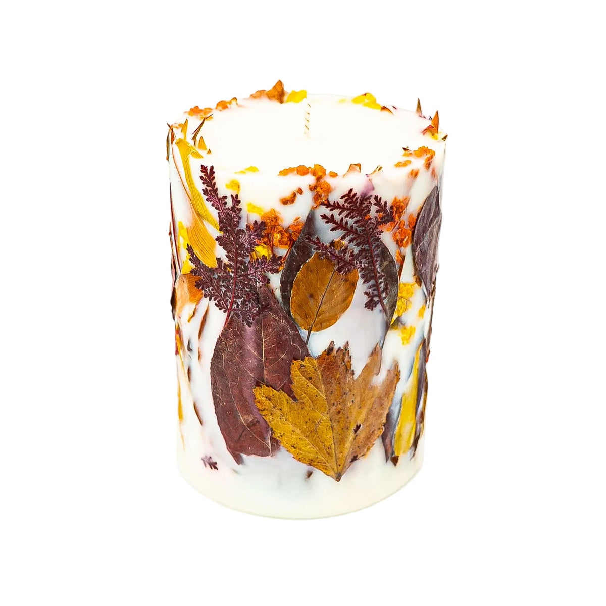 Autumn soy wax candle with dried burgundy leaves and golden yellow wildflowers embedded around the creamy pillar.