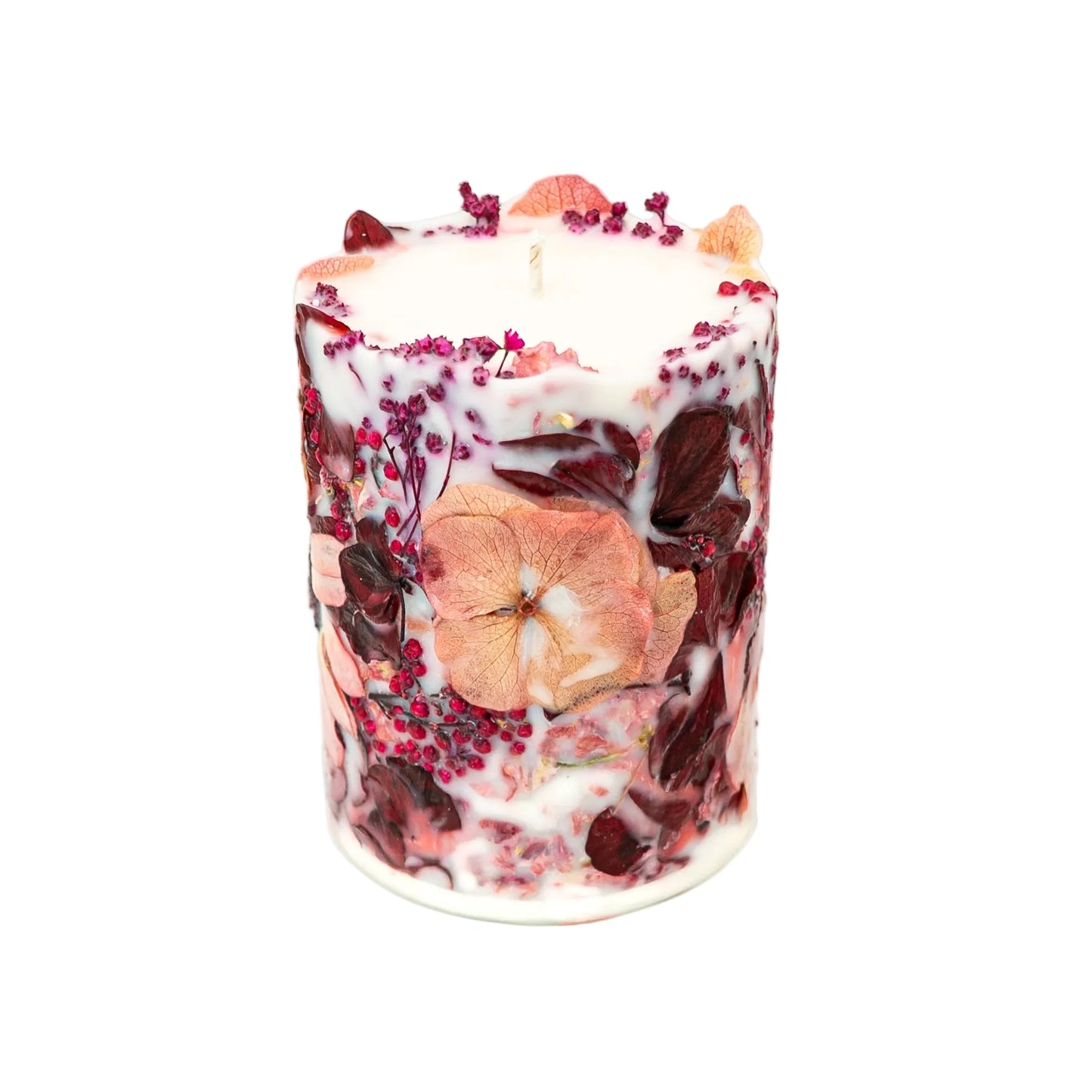 Handmade autumn botanical soy wax pillar candle with real dried Gerbera, hydrangea and botanical details.