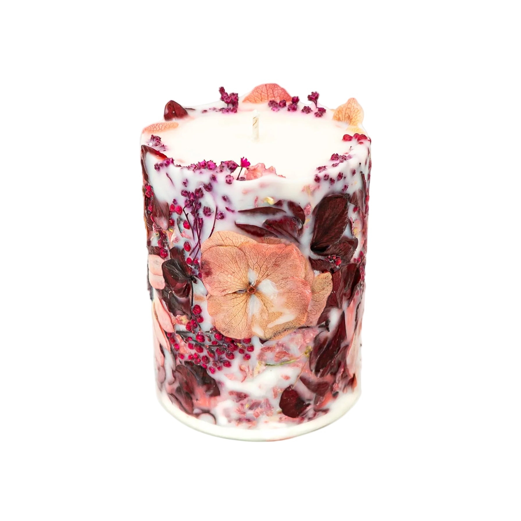 Handmade autumn botanical soy wax pillar candle with real dried Gerbera, hydrangea and botanical details.