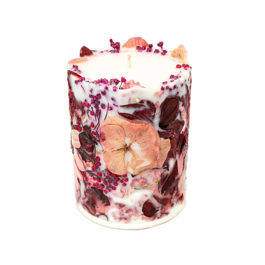 Handmade autumn botanical soy wax pillar candle with real dried Gerbera, hydrangea and botanical details.