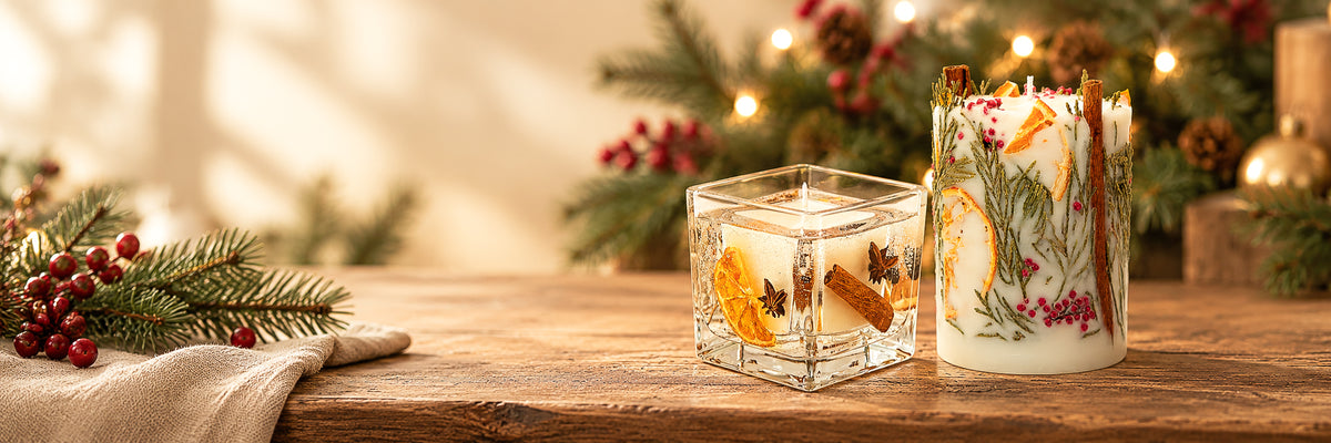 Christmas botanical candles with dried orange, cinnamon and thuja on a wooden table, with festive greenery and warm fairy lights.