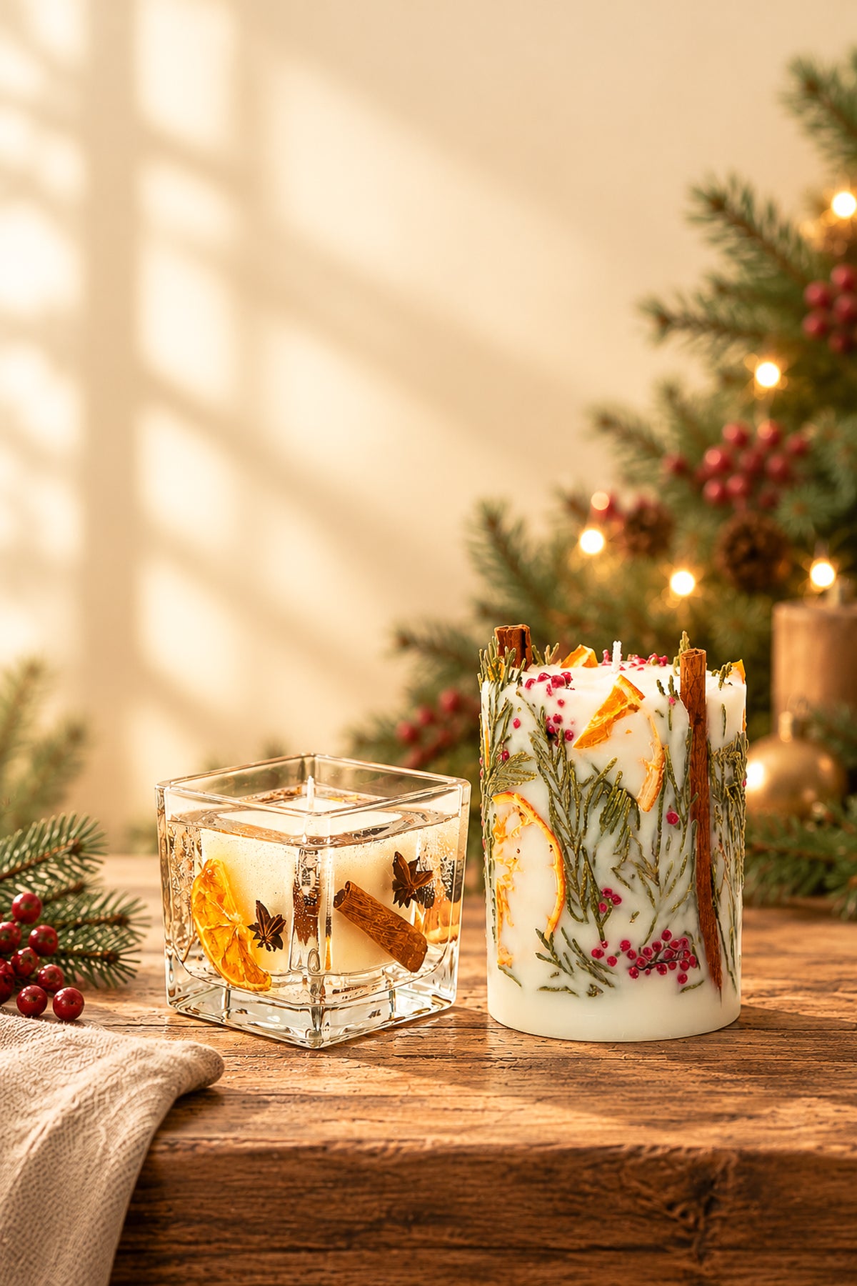 Botanical Christmas pillar and glass container candles with dried orange, cinnamon and thuja on an oak table beside a Christmas tree with warm fairy lights.