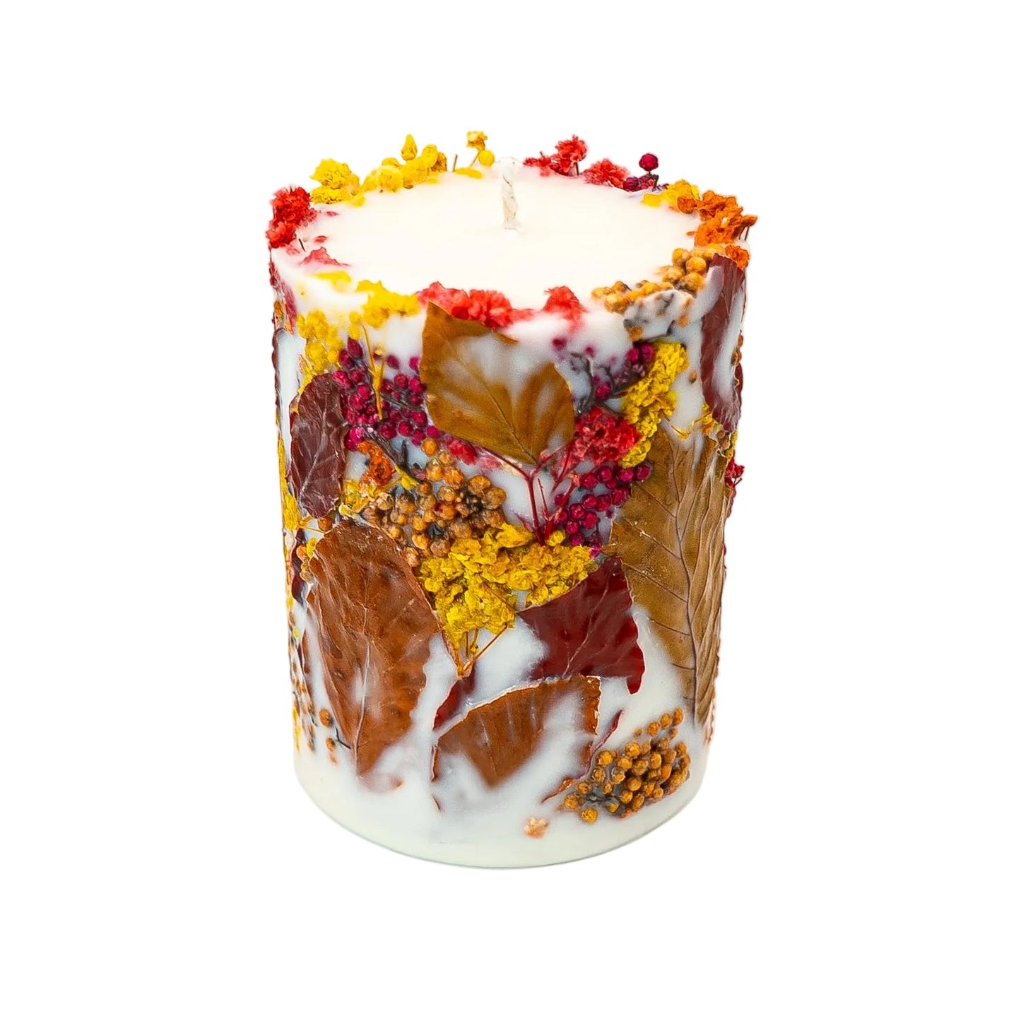 Handmade botanical soy wax candle with a dried sunflower, autumn leaves and natural seasonal botanicals.
