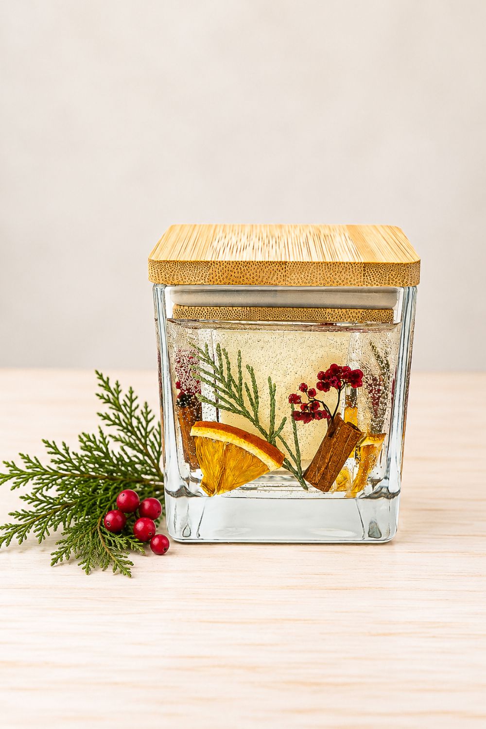 Christmas botanical jar candle with dried orange, cinnamon, thuja and red flowers in a square glass container with a wooden lid, beside greenery and red berries on pale wood.