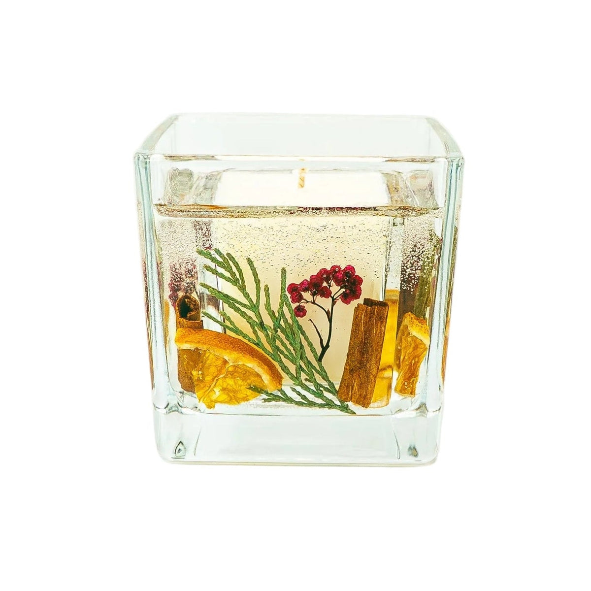 Front view of a Christmas jar candle with dried orange slices, cinnamon sticks, green thuja and red berries suspended in clear gel.