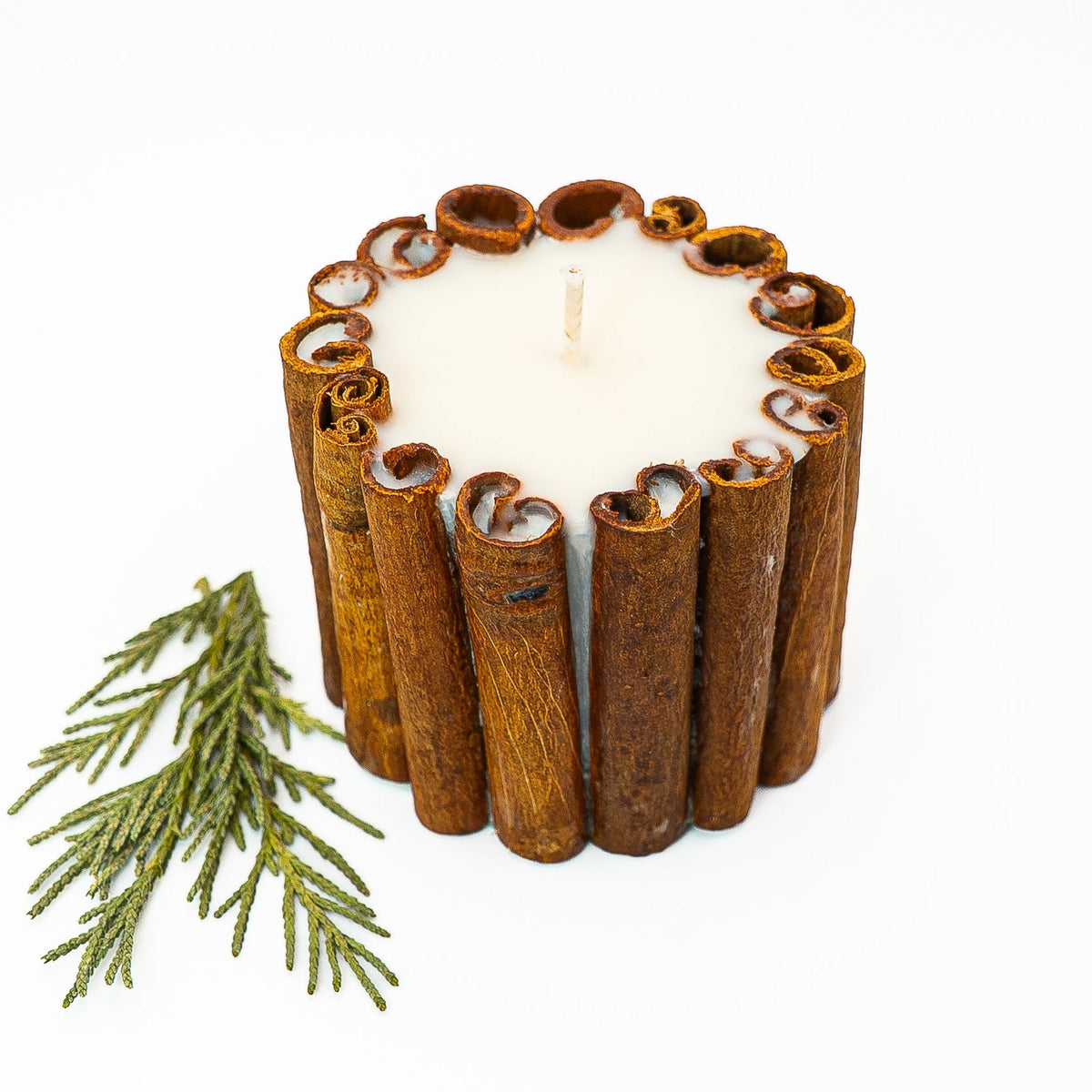 View from above of a cinnamon stick Christmas candle, showing creamy soy wax and a single cotton wick.