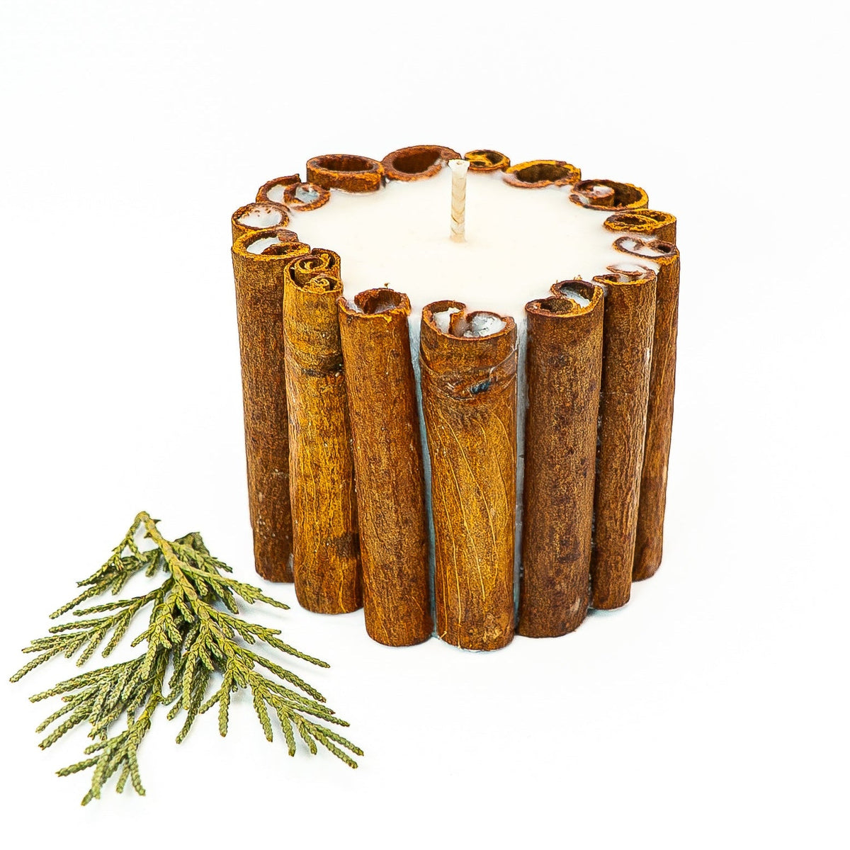 Cinnamon wrapped soy wax Christmas candle with a single wick, displayed with thuja foliage on a white background.