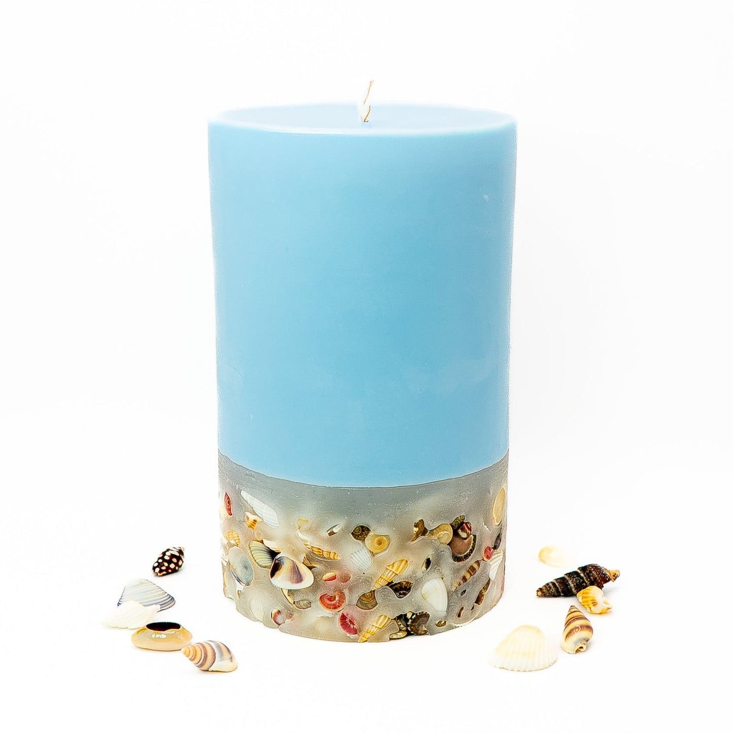 Decorative soy wax pillar candle with natural seashells embedded in the lower wax layer.
