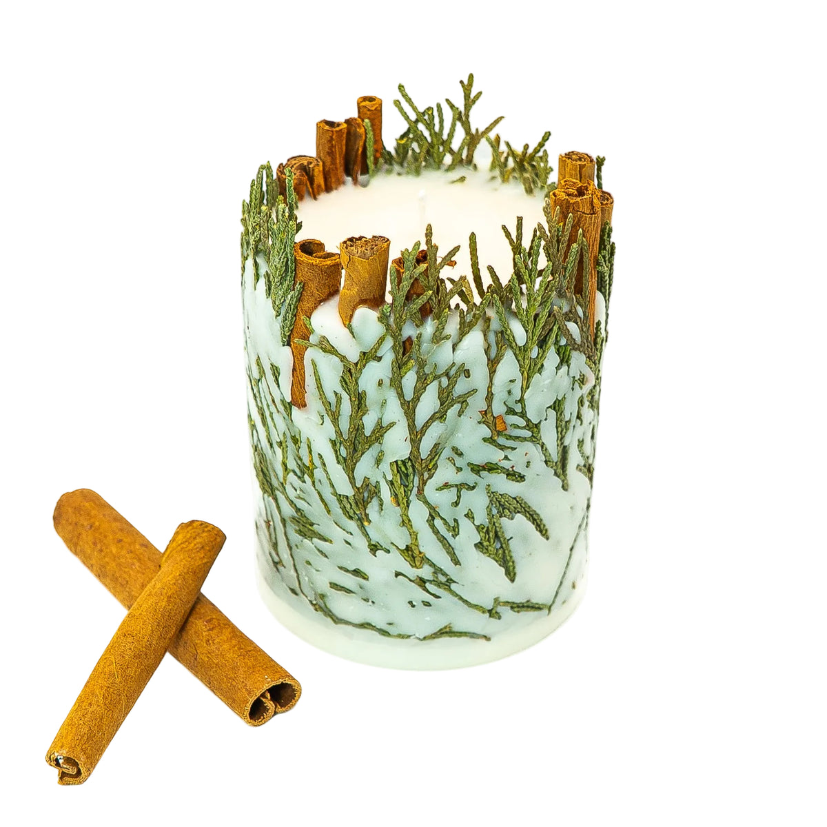 Cream botanical Christmas candle showing evergreen sprigs embedded around the sides and cinnamon pieces along the top edge.
