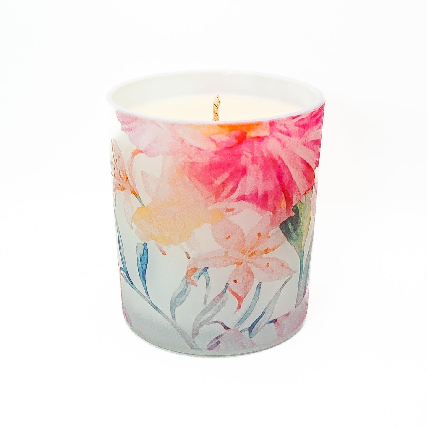 Decorative soy wax candle with artistic watercolour floral pattern in a glass jar container.