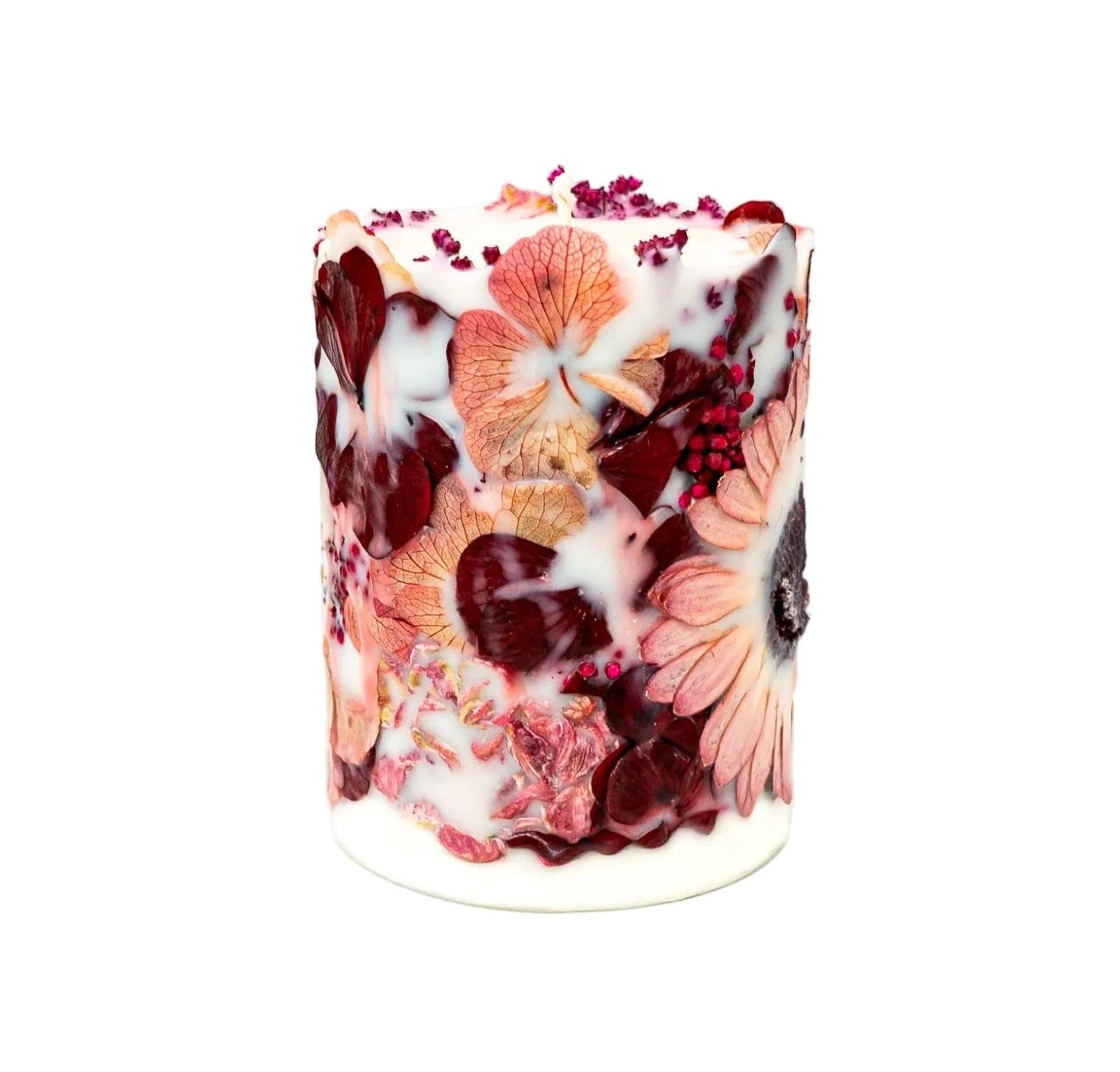 Handmade botanical soy wax candle with dried hydrangea, gerbera and natural botanical accents.