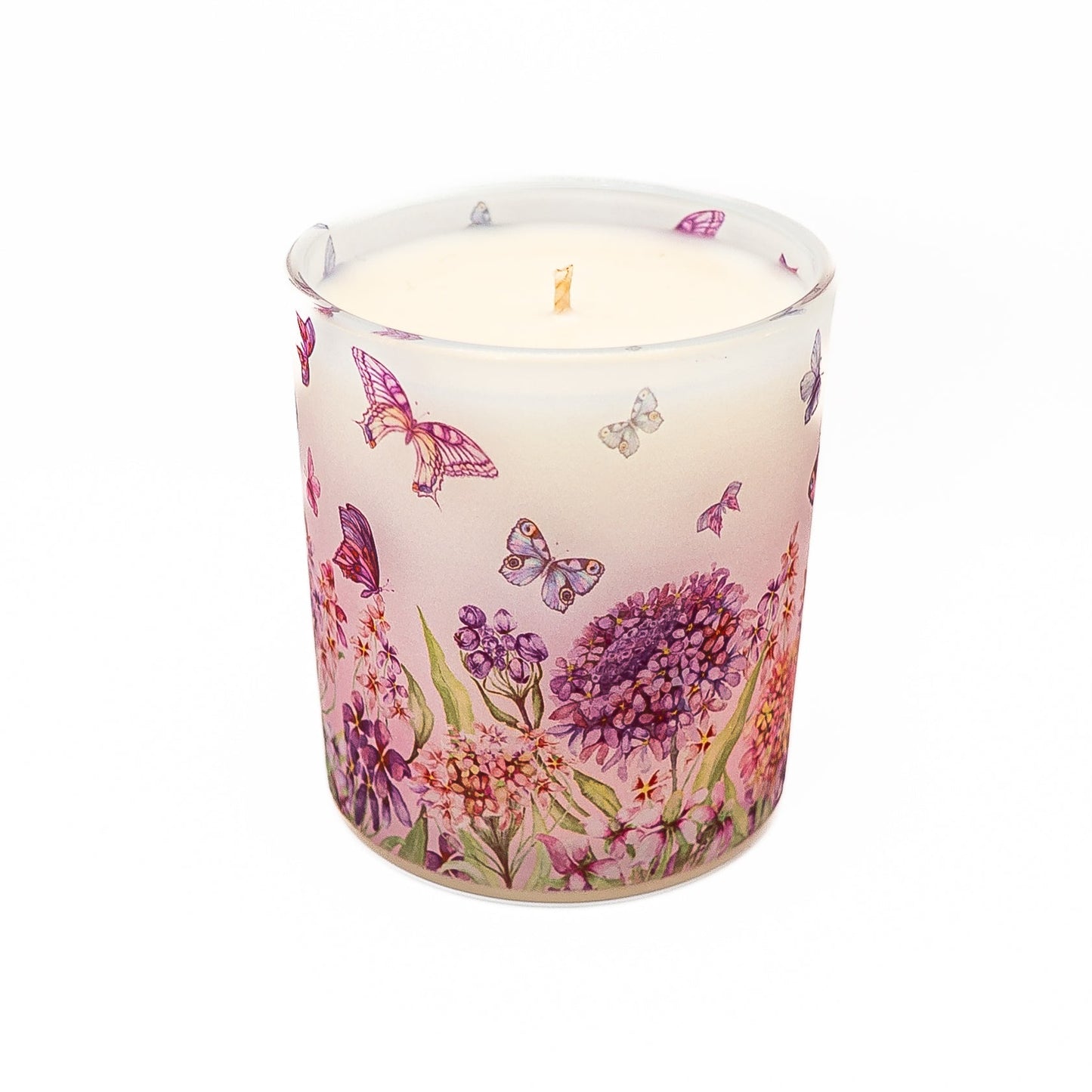 Hand-poured soy wax candle in a frosted glass jar with colourful butterfly and floral pattern and natural bamboo lid.