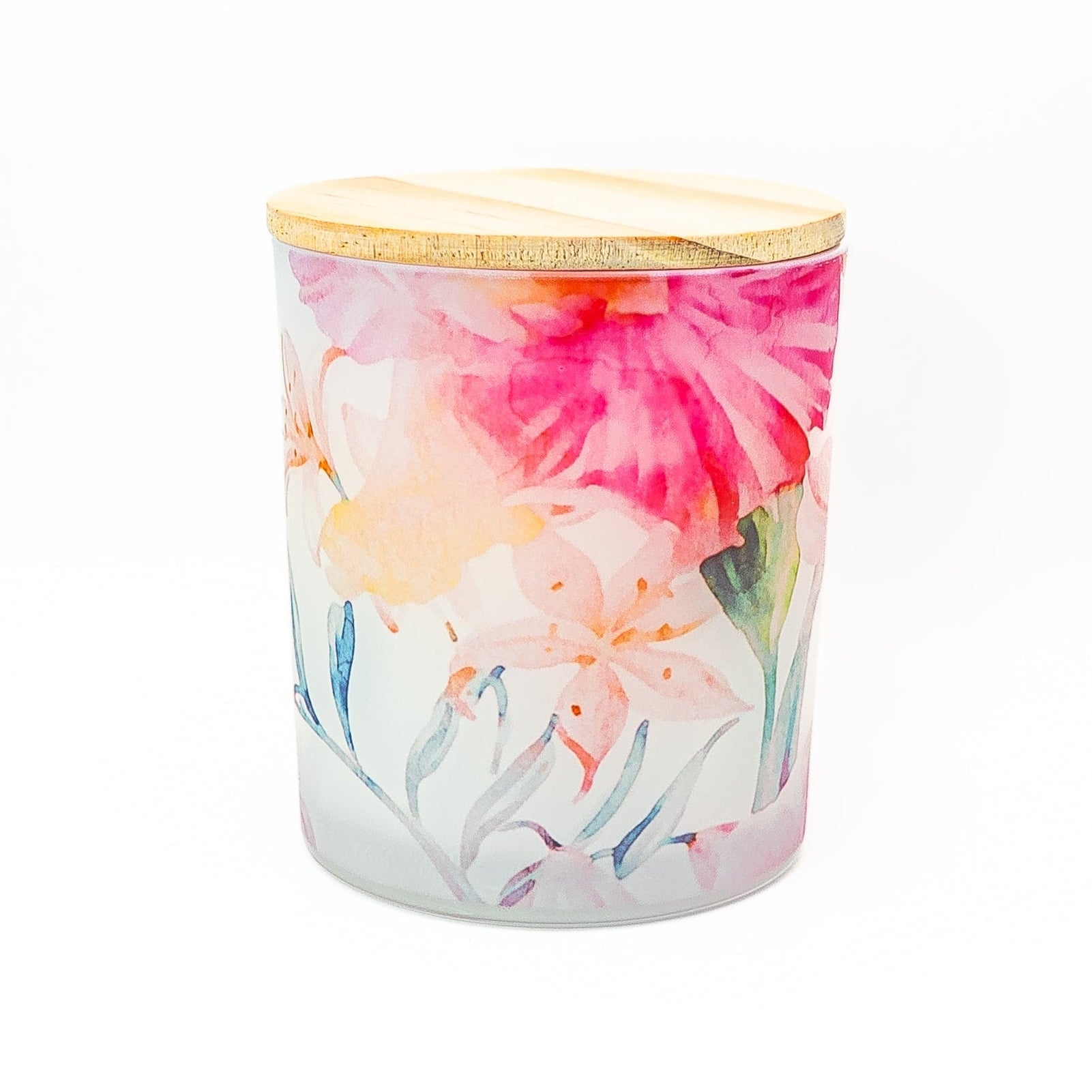 Hand-poured soy wax candle in a glass jar with watercolour floral design and natural bamboo lid.