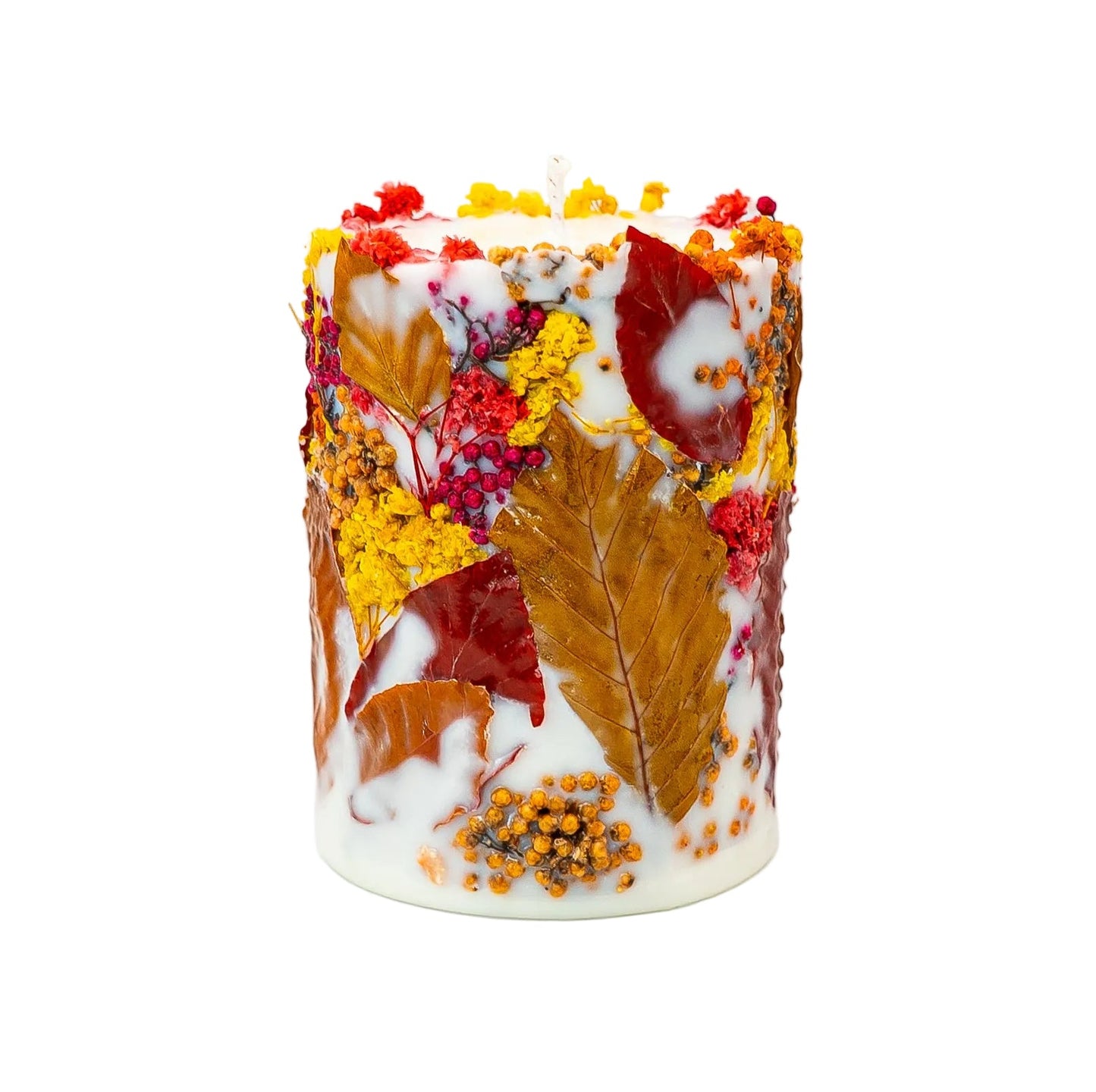 Handmade botanical soy wax candle with a dried sunflower, autumn foliage and seasonal flowers.
