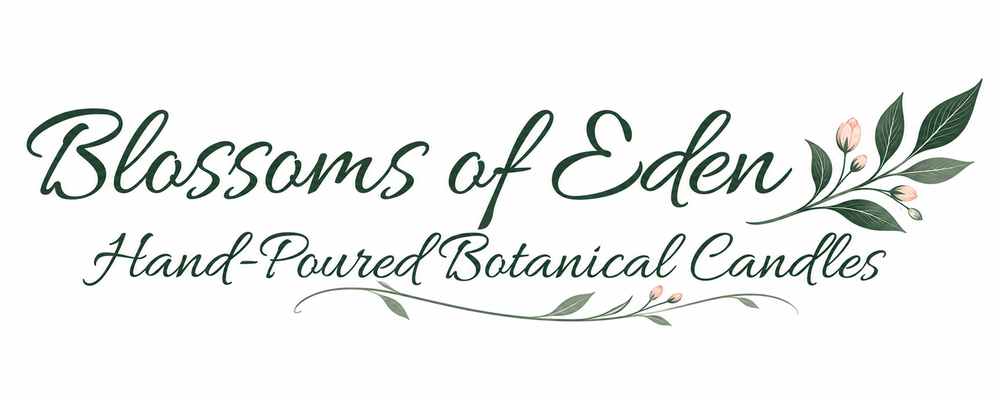 A logo-style graphic reading 'Blossoms of Eden' and 'Hand-Poured Botanical Candles' in dark green script, with a botanical branch illustration in green and pale pink on a white background.