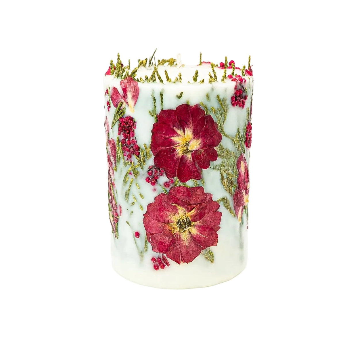Handmade Christmas flower candle from Surrey with deep red blooms and greenery, ideal as a festive centrepiece.