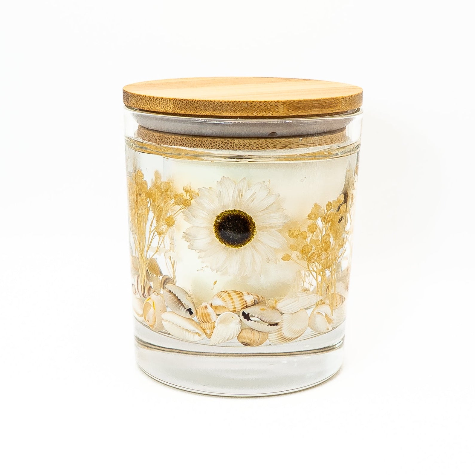 Hand-poured soy wax candle with clear gel layer decorated with white daisy flowers, dried yellow flowers, and seashells in a glass jar.