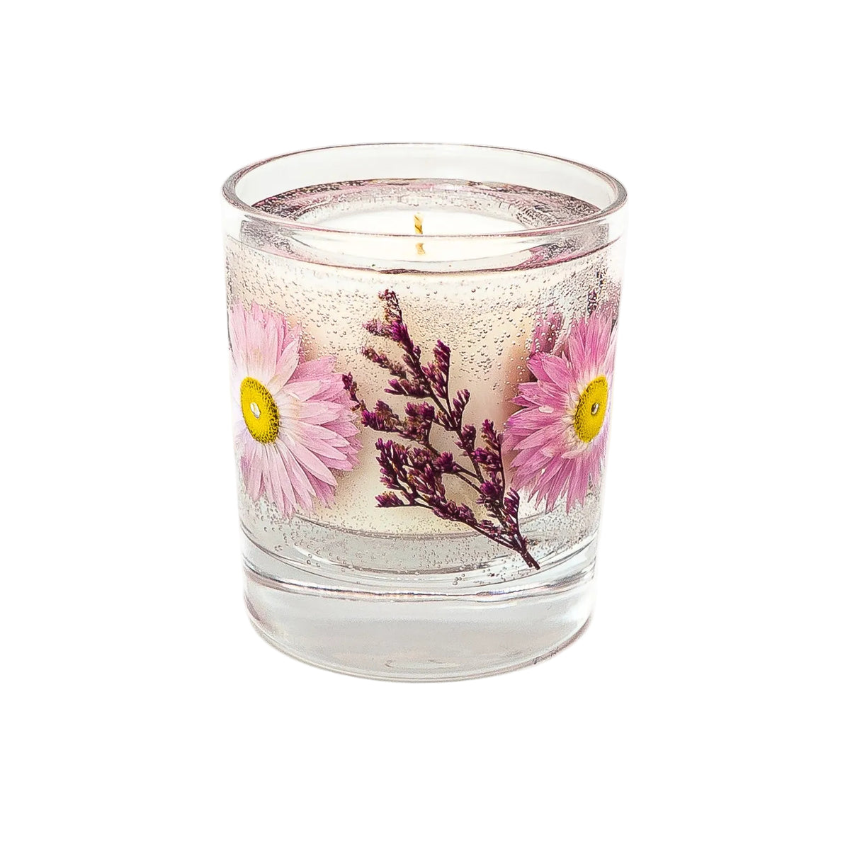Botanical candle in a round glass container with pink flowers and purple foliage in gel wax surrounding a creamy soy wax centre.