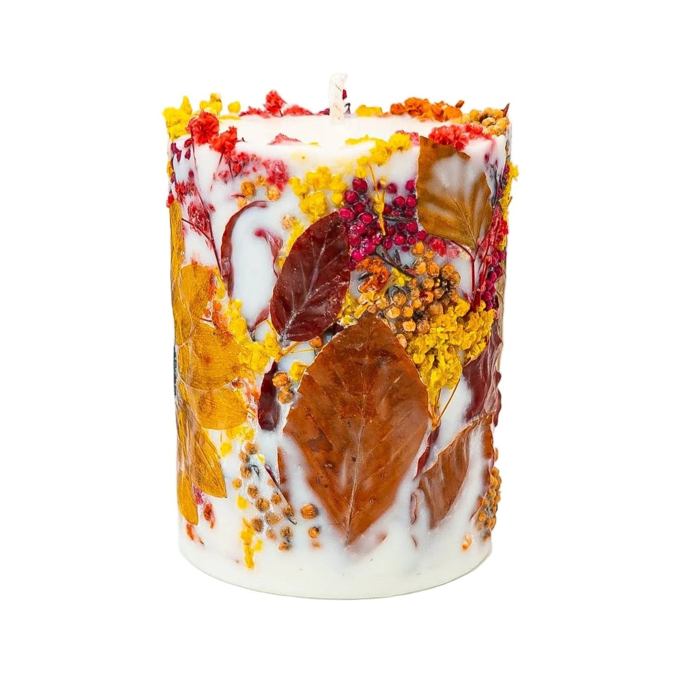 Botanical soy wax candle featuring a real dried sunflower, rich autumn leaves and vibrant floral botanicals.
